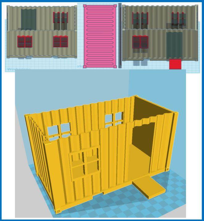 Selbst entworfener Baucontainer für Playmobil: der Entwurf am Rechner und das fertig gedruckte Modell in Gelb
