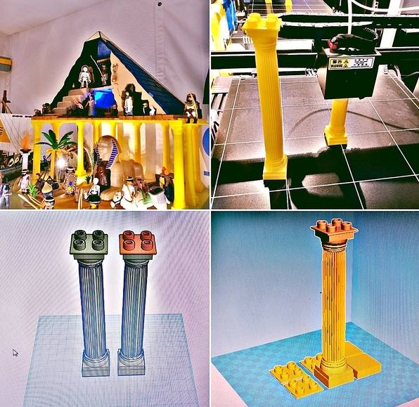 Ägypten-Diorama mit selbst gedruckten Säulen, daneben der 3D-Drucker beim Drucken einer Säule und die Entwürfe dazu