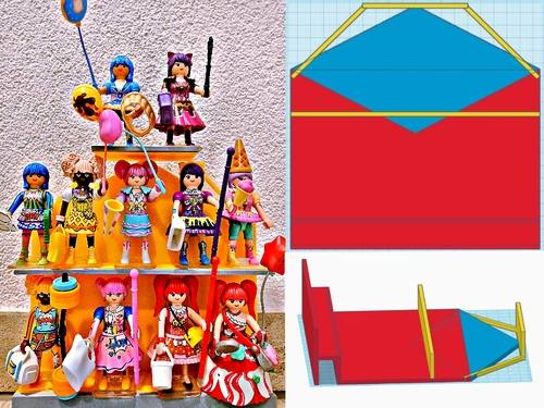 Regal mit Playmobil-Figuren vor einer Hauswand, daneben der Entwurf des selbst gedruckten Regals
